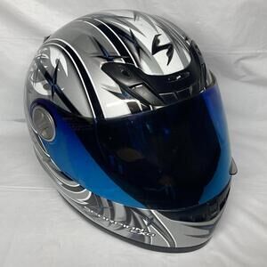 XL Scorpion EXO-400 Full Face Motorcycle Helmet Silver Black Blue Visor